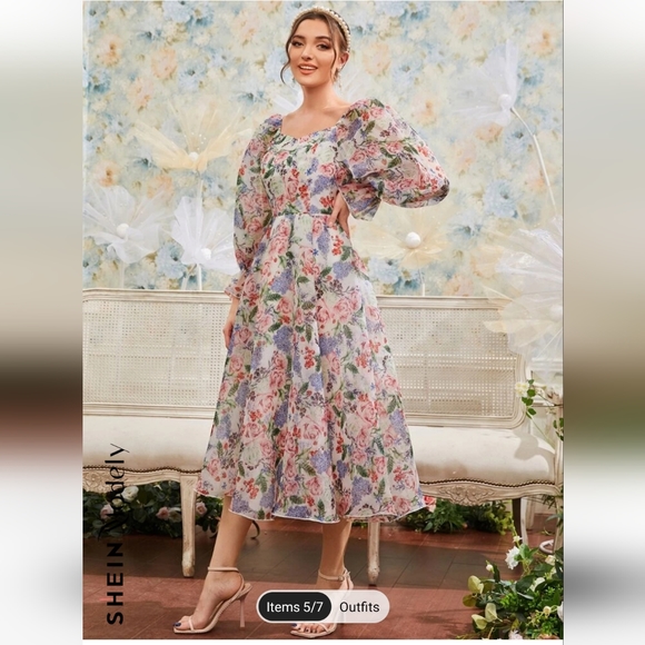Shein Floral Lantern Sleeve Dress - Picture 4 of 9